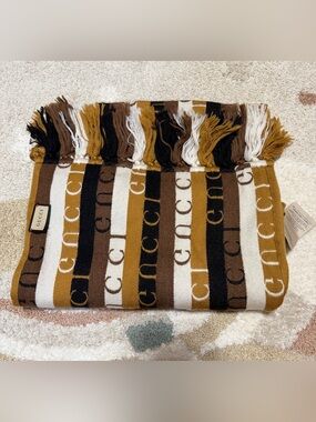 Gucci Striped Logo Fringe Scarf in Brown, Black & Cream